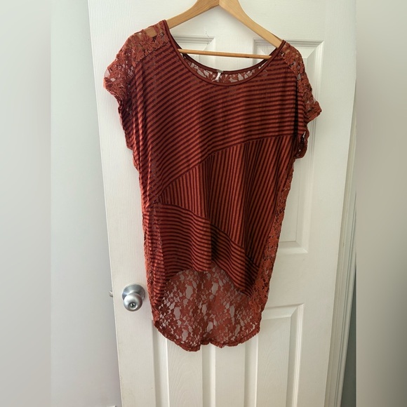 Free People rust lace striped hi low shirt size small boho - Picture 2 of 9